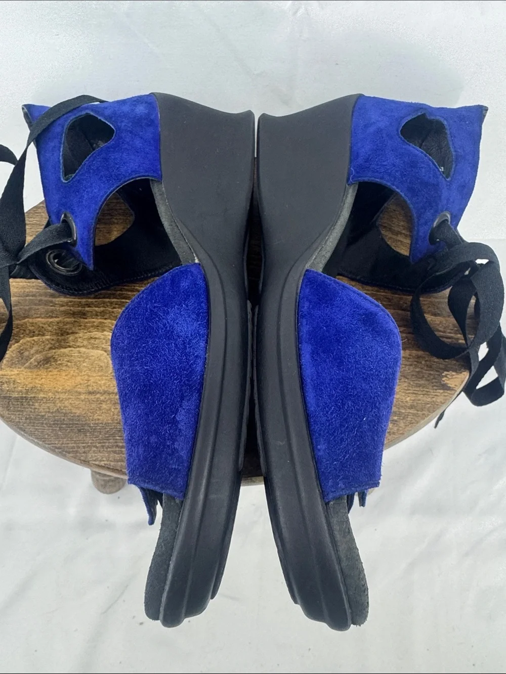 Wolky Womens Blue Suede Platform Wedge Lace-up Sandals, Cutouts & Ankle Ties, 41